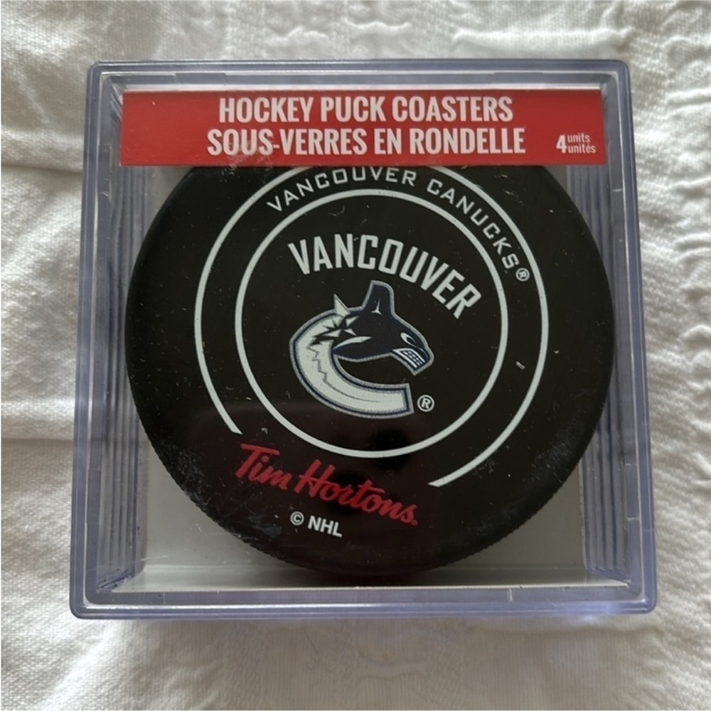 TIM HORTONS COFFEE X VANCOUVER CANUCKS NHL HOCKEY PUCK COASTERS 4 pack  2018 - Picture 2 of 7